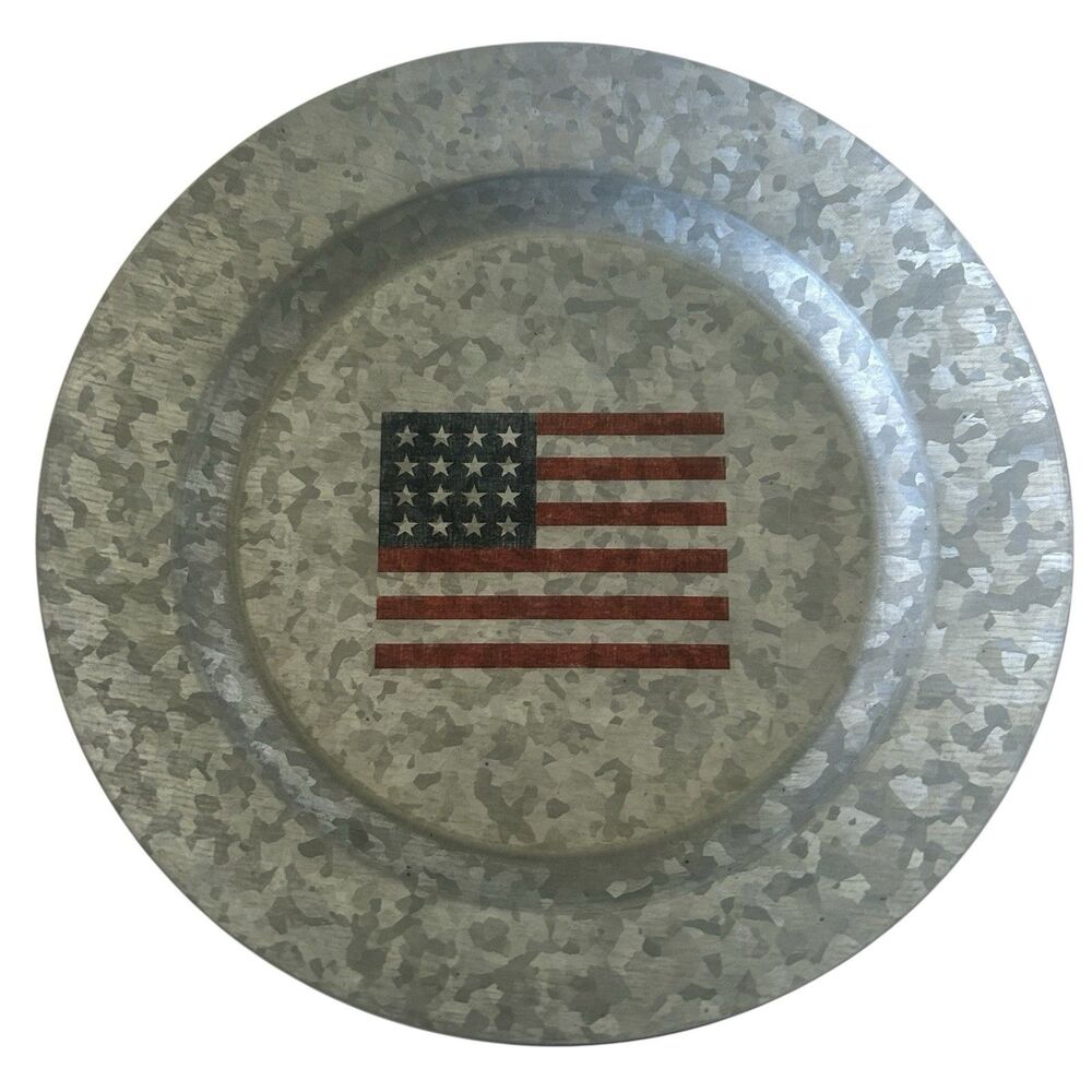 Set Of 6 Pottery Barn Discontinued American Flag Galvanized Metal 9” Plates New - Picture 6 of 10
